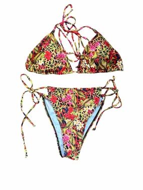 Floral / Cheetah Tie-Side Triangle Bikini Set - Vibrant Red & Green Print